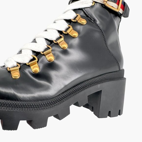 Gucci Sylvie Trip Black Leather Lace Up Combat Boots Size 36.5 US 6.5 Women's - Picture 9 of 15